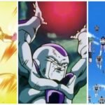 a split image of golden frieza frieza with a death ball and frieza leading his army in dragon ball