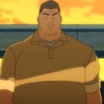 general sam lane standing in a brown shirt amid construction scaffolding with a yellow sky behind him from my adventures with superman